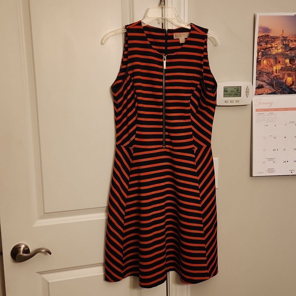 Michael Kors Red & Navy Blue Striped Front Zip Ponte Sleeveless Dress Size 8